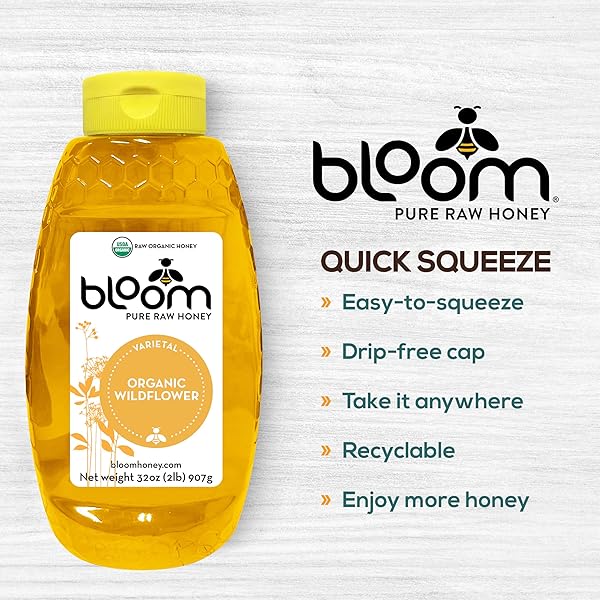 BLOOM HONEY 100% PURE ORGANIC RAW UNFILTERED AND UNPASTEURIZED RAW HONEY (WILDFLOWER, 32OZ)