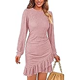 PRETTYGARDEN Women's Spring Fall Ruched Bodycon Mini Dress Long Puff Sleeve Ruffle Fitted Cocktail Party Dresses