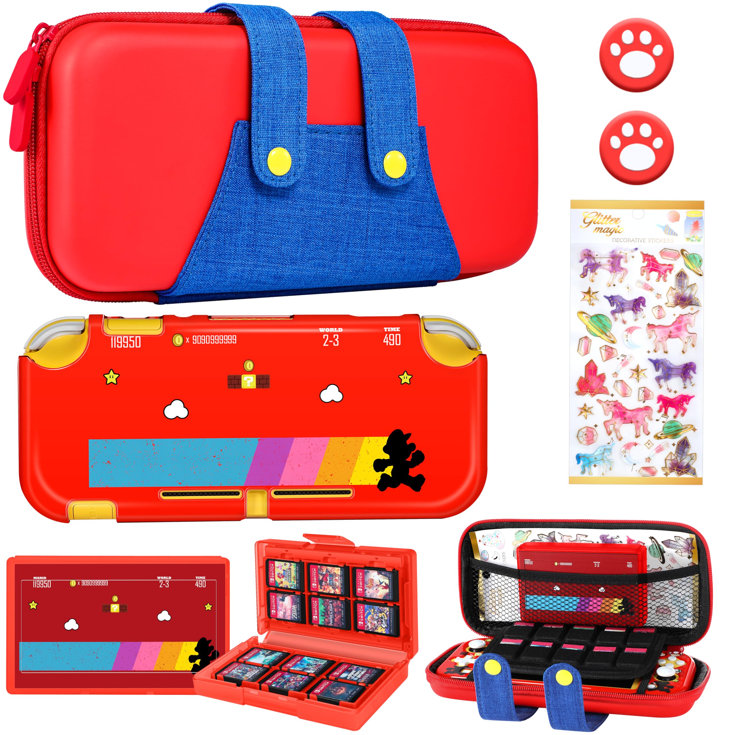 Gurgitat 6in1 Maro Switch Lite Case for Nintendo Switch Lite Carrying Cases Boy Teens Anime Durable Hard Protective Cover Dockable Skin+Thumb Grips+Game Holder+Sticker for Switch Lite Travel Case