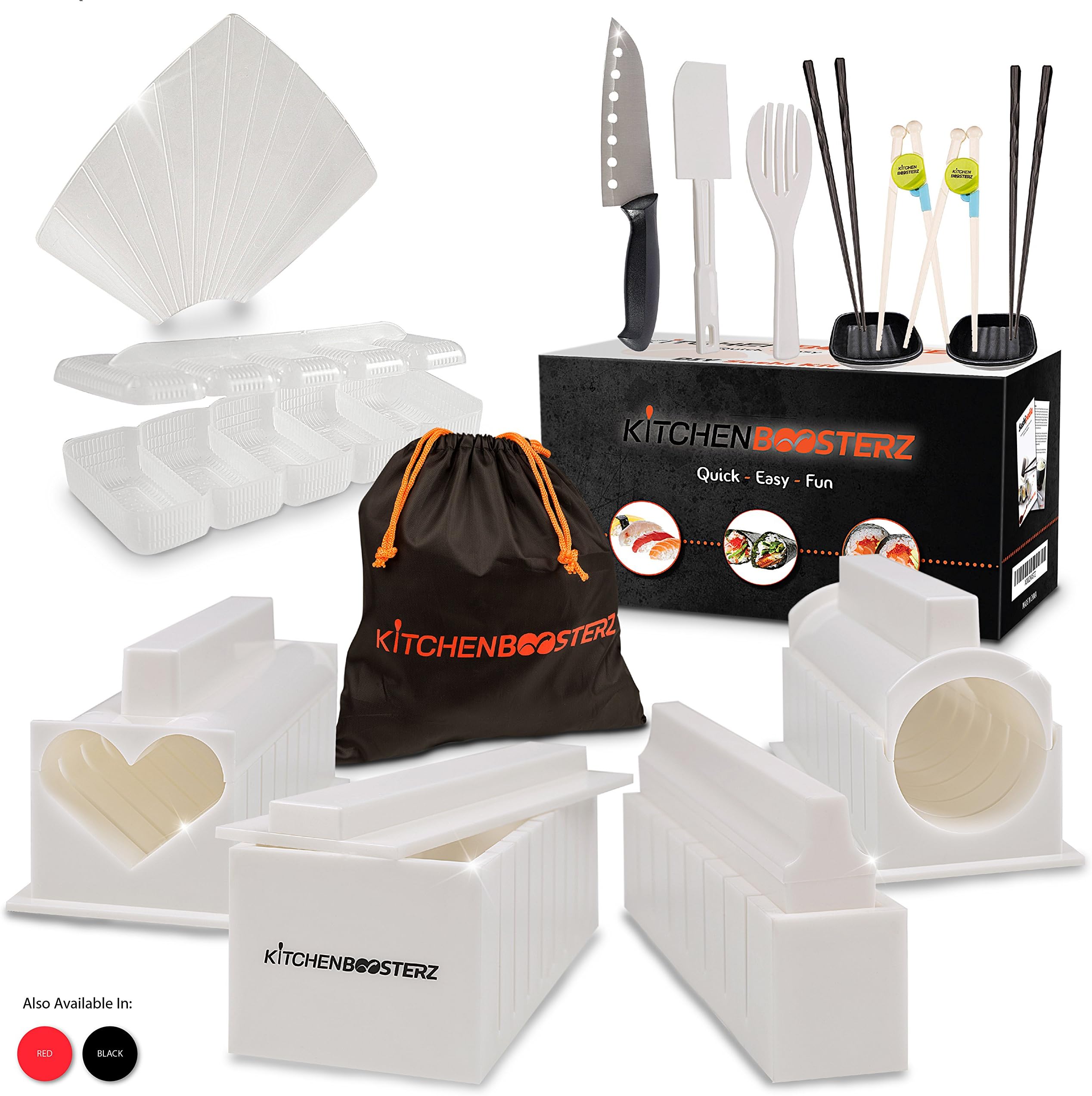Sushi Making Kit - DIY Beginner Set - 10 Shape Molds, 3 Types - Maki rolls, Temaki, Nigiri, Knife, Spatula, Chopsticks, Sauce Dishes, Storage Bag & Sushi Maker Guide Book - White - by KitchenBoosterz