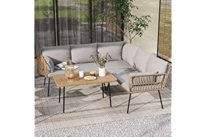 DWVO 4-Piece Outdoor Sectional Sofa Set, All-Weather Wicker L-Shaped 5-Seater Patio Furniture with Removable Cushions & Side Table, Boho Conversation Set for Backyard, Porch, Deck (Grey)