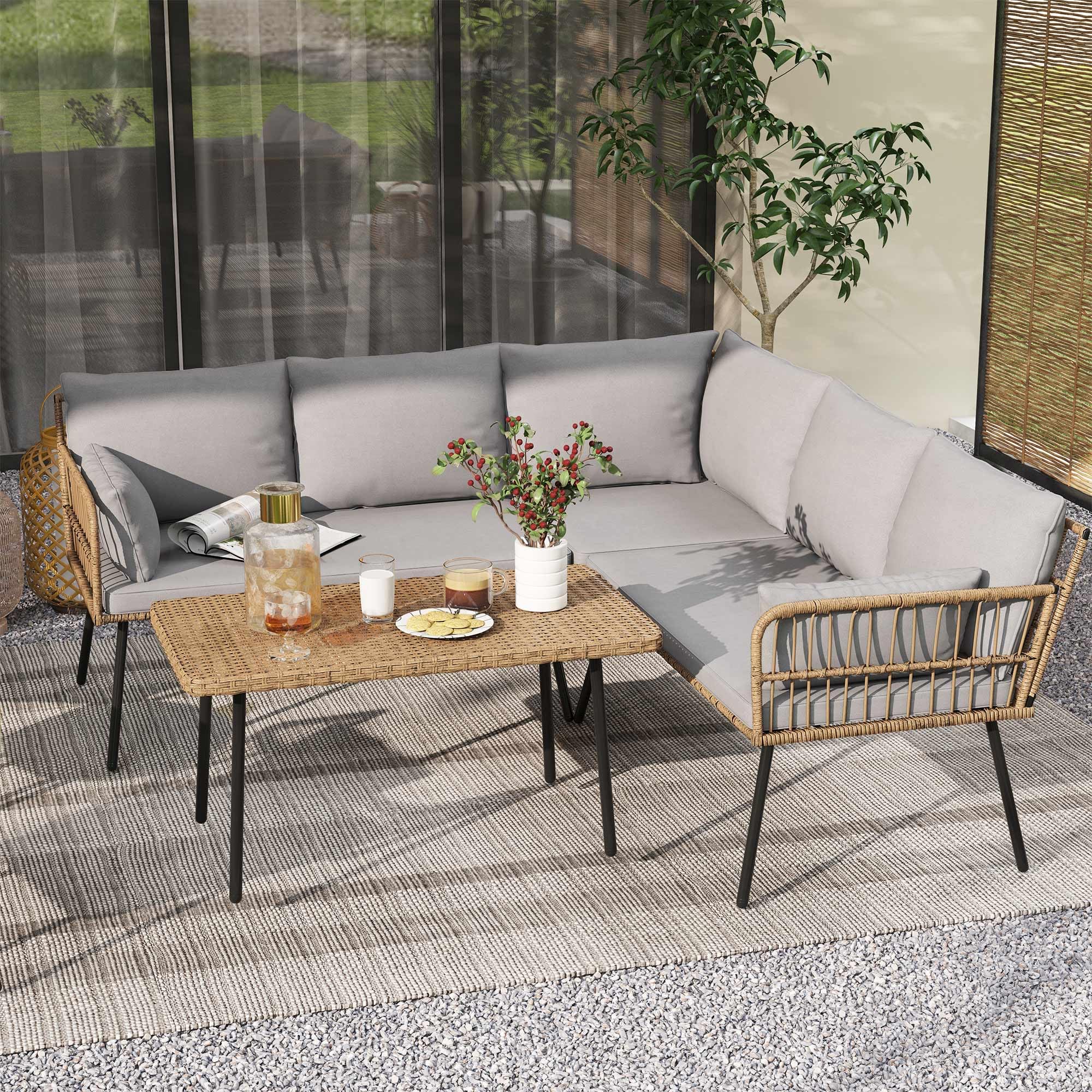 Photo 1 of DWVO 4-Piece Outdoor Sectional Sofa Set, All-Weather Wicker L-Shaped 5-Seater Patio Furniture with Removable Cushions & Side Table, Boho Conversation Set for Backyard, Porch, Deck (Grey)