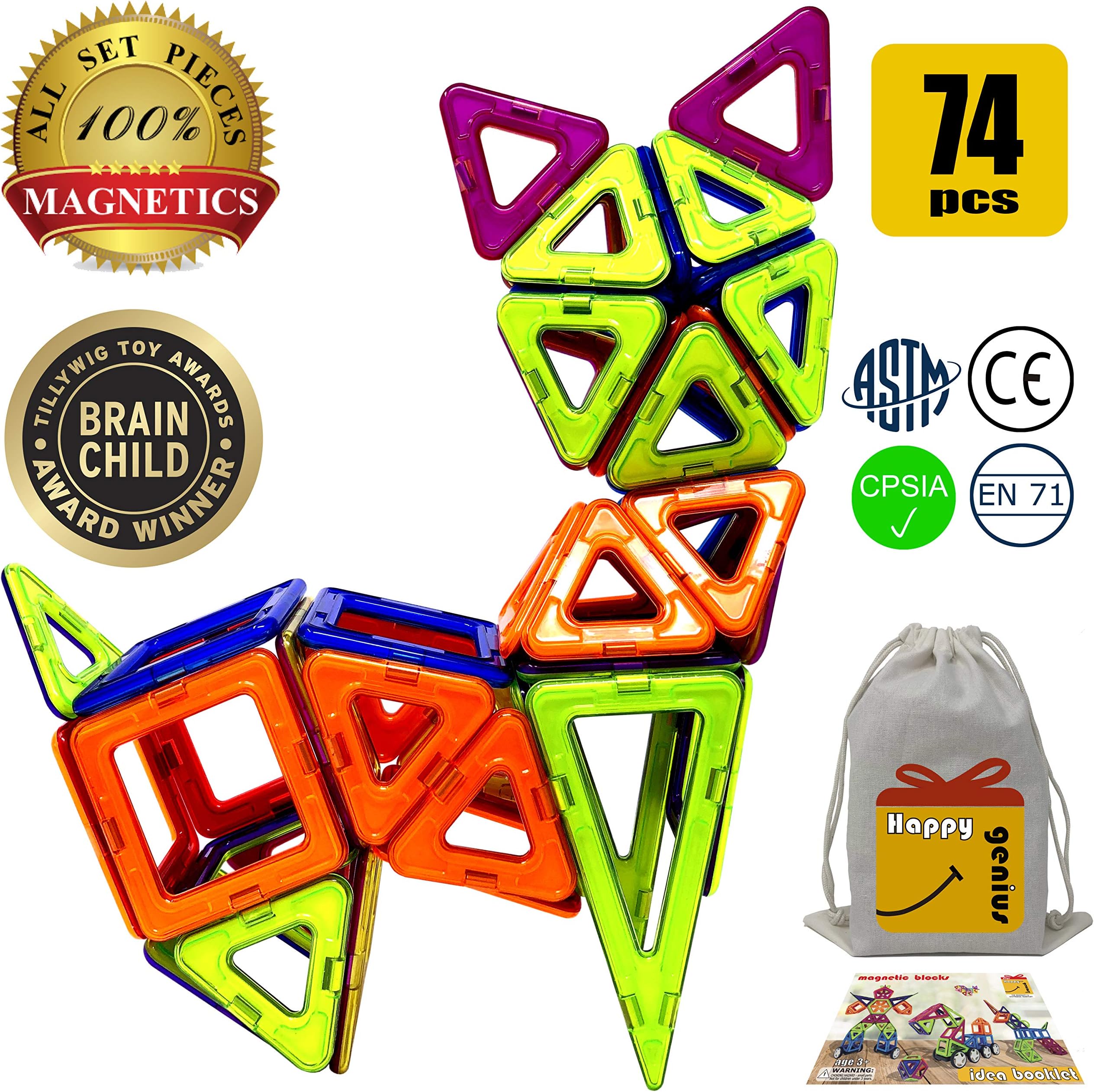 Happy Genius Magnetic Building Blocks Toys for Kids 74 PCS Educational Tiles with Magnet Pieces Block Set for Children Toddlers Boys Girls STEM Toy for 3 Year Olds - Storage Bag for Magnets Kit