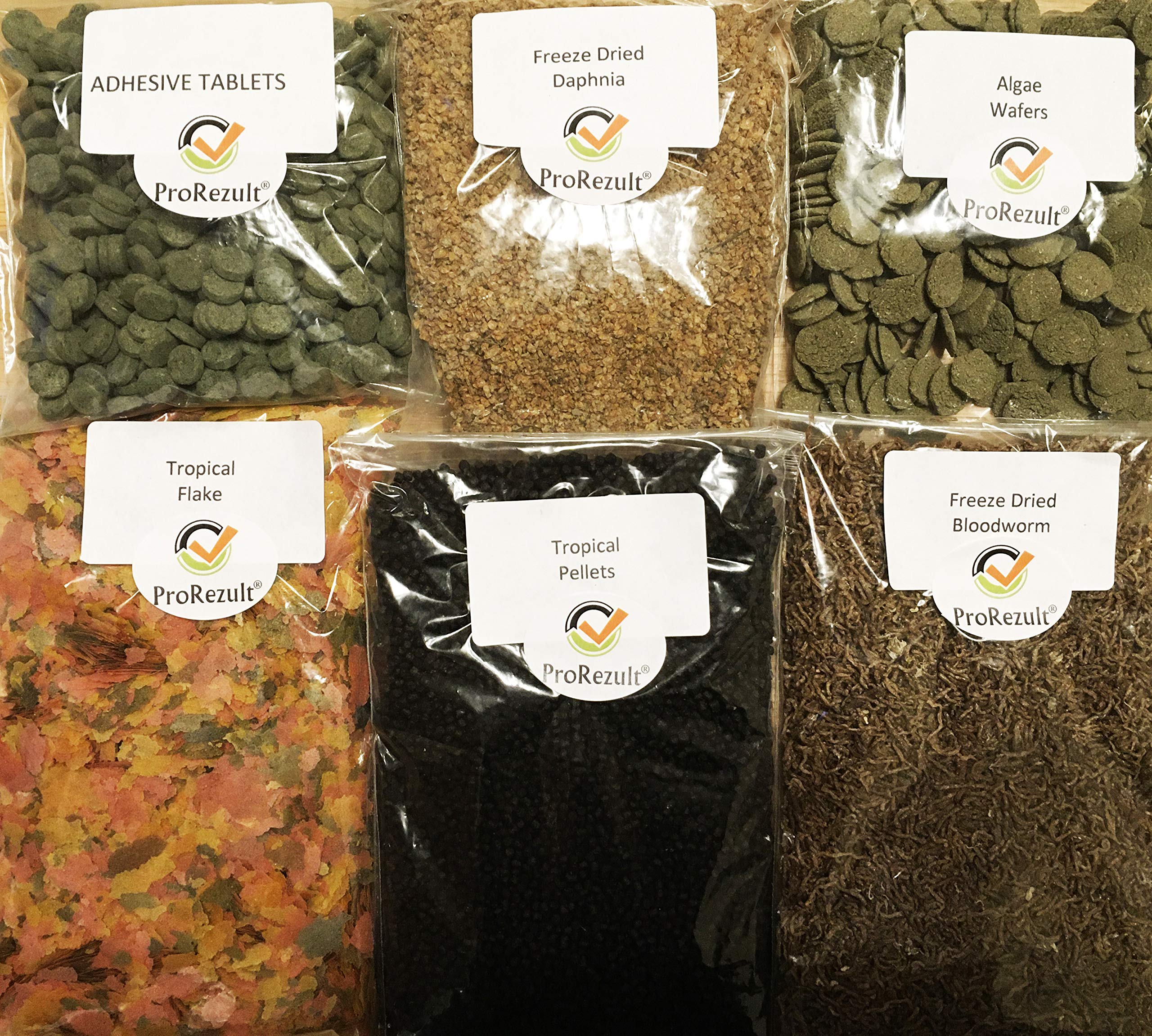 Tropical Fish Food PROREZULT 6 Packs, Flake, Granules, Freeze Dried Bloodworm, Algae Wafers, Daphnia, Adhesive Stick on Glass Tablets