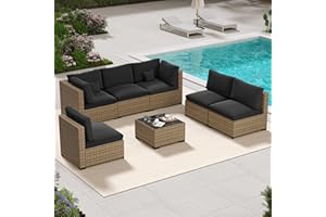 LHBcraft 7 Piece Patio Furniture Set, Outdoor Furniture Patio Sectional Sofa Set, All Weather PE Rattan Outdoor with Black Cushion and Glass Table