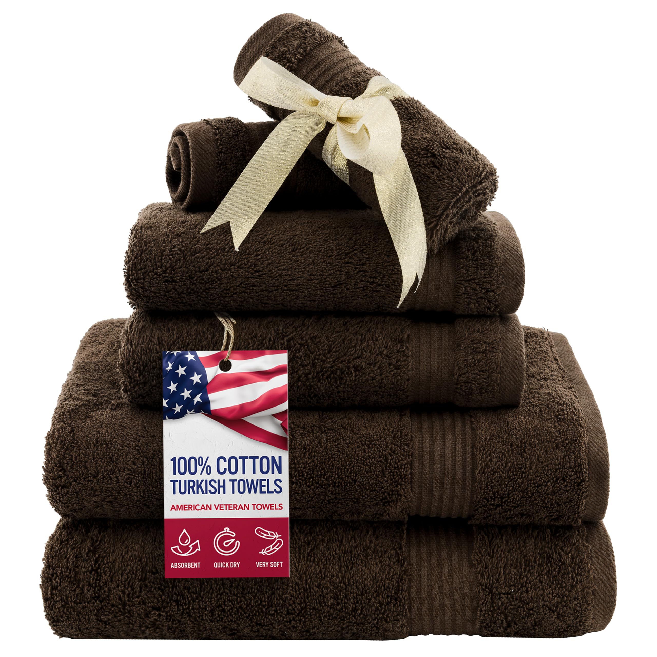 American Veteran Towel, 6 Piece Towel Set for Bathroom, 100% Cotton Turkish Bathroom Towels, 2 Bath Towels 2 Hand Towels 2 Washcloths, Brown