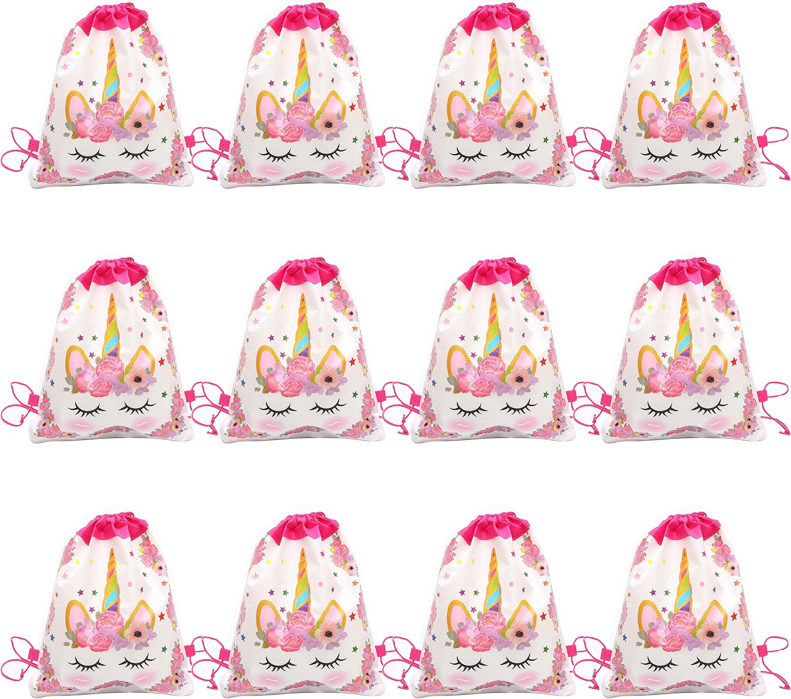 18 Pcs Unicorn Party Bags - Drawstring Party Favor Bags for Kids Birthday Fantasy - White