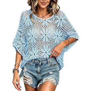 Pinclodly Crochet Tops for Women Boho Dolman 3/4 Sleeve Beach Cover Up | Plus Size Crochet Top, Hollow Out Knit Top, Boho Top