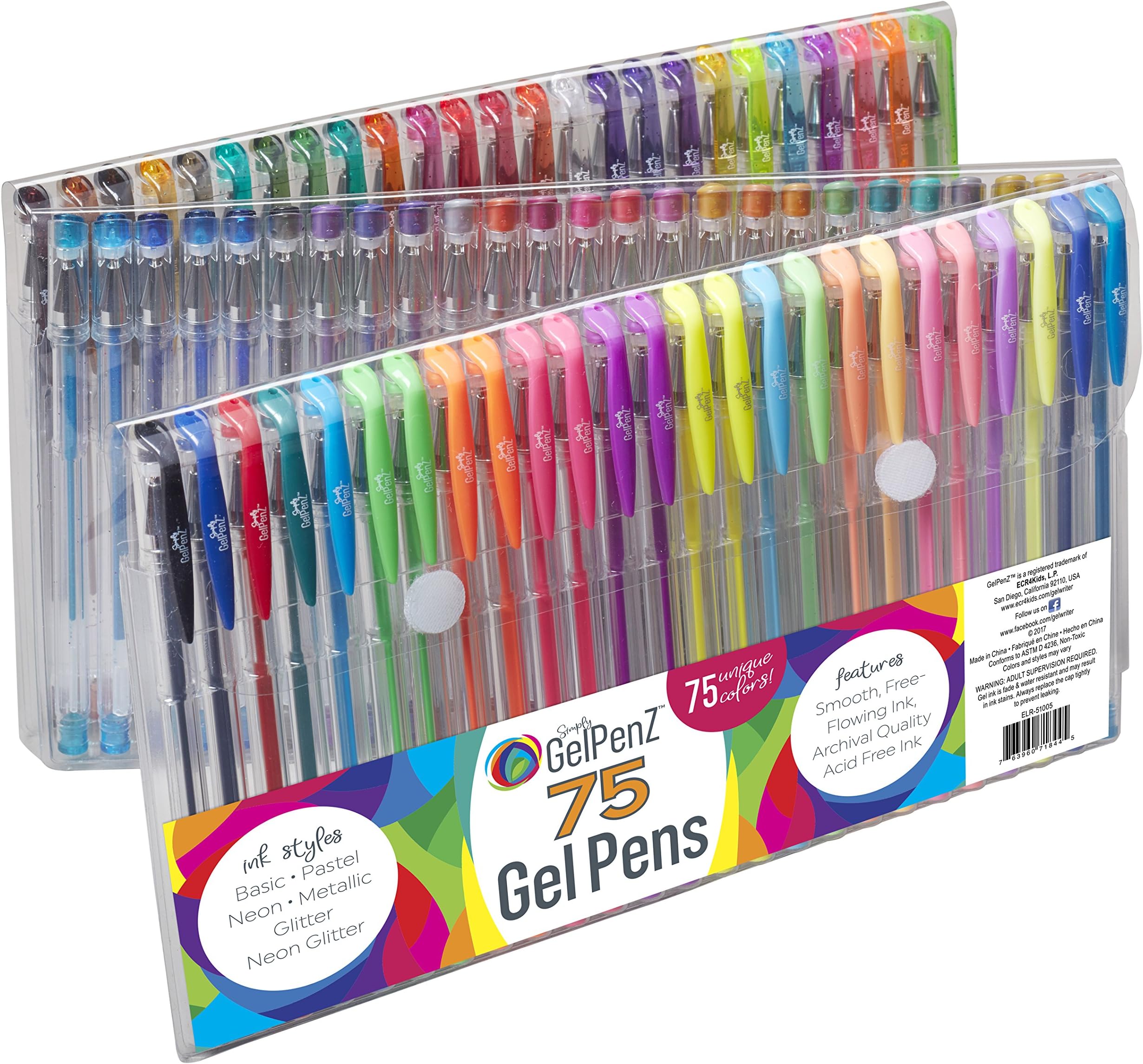 GelPenZ 75-Count Gel Pens in Folding Vinyl Case for Adult Coloring Books, 75 Unique Colors