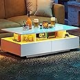 YITAHOME LED Coffee Table with Storage, High Glossy LED Coffee Tables for Living Room, Small Center Table with Open Display Shelf & Sliding Drawers, White