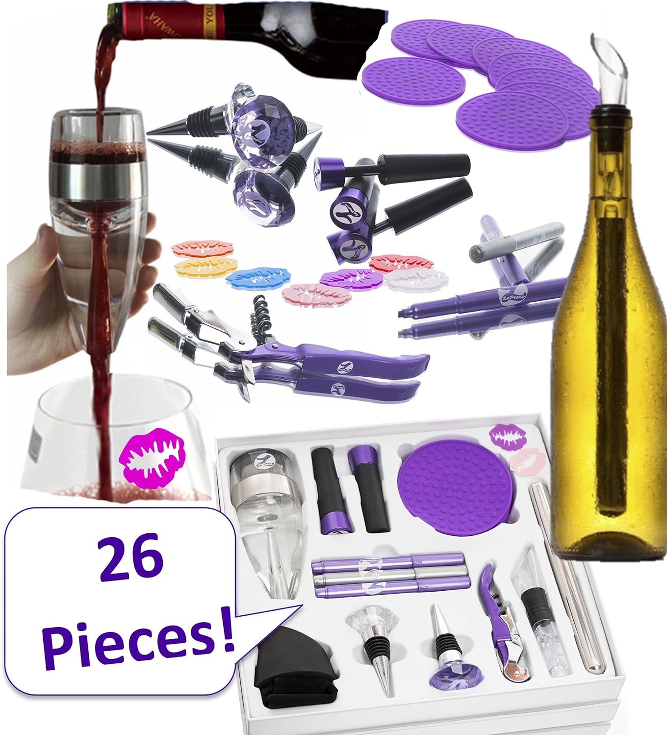 WINE ACCESSORIES SET FOR WOMEN. 26 Premium, Fun, Useful Bar Tools For Any Woman Who Loves Wine. Over $100 of Wine Accessories. Aerator, Chiller Rod, Lip Charms, Stoppers, Opener, Coasters, Markers