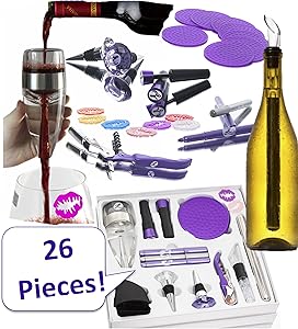 WINE ACCESSORIES SET FOR WOMEN. 26 Premium, Fun, Useful Bar Tools For Any Woman Who Loves Wine. Over $100 of Wine Accessories. Aerator, Chiller Rod, Lip Charms, Stoppers, Opener, Coasters, Markers