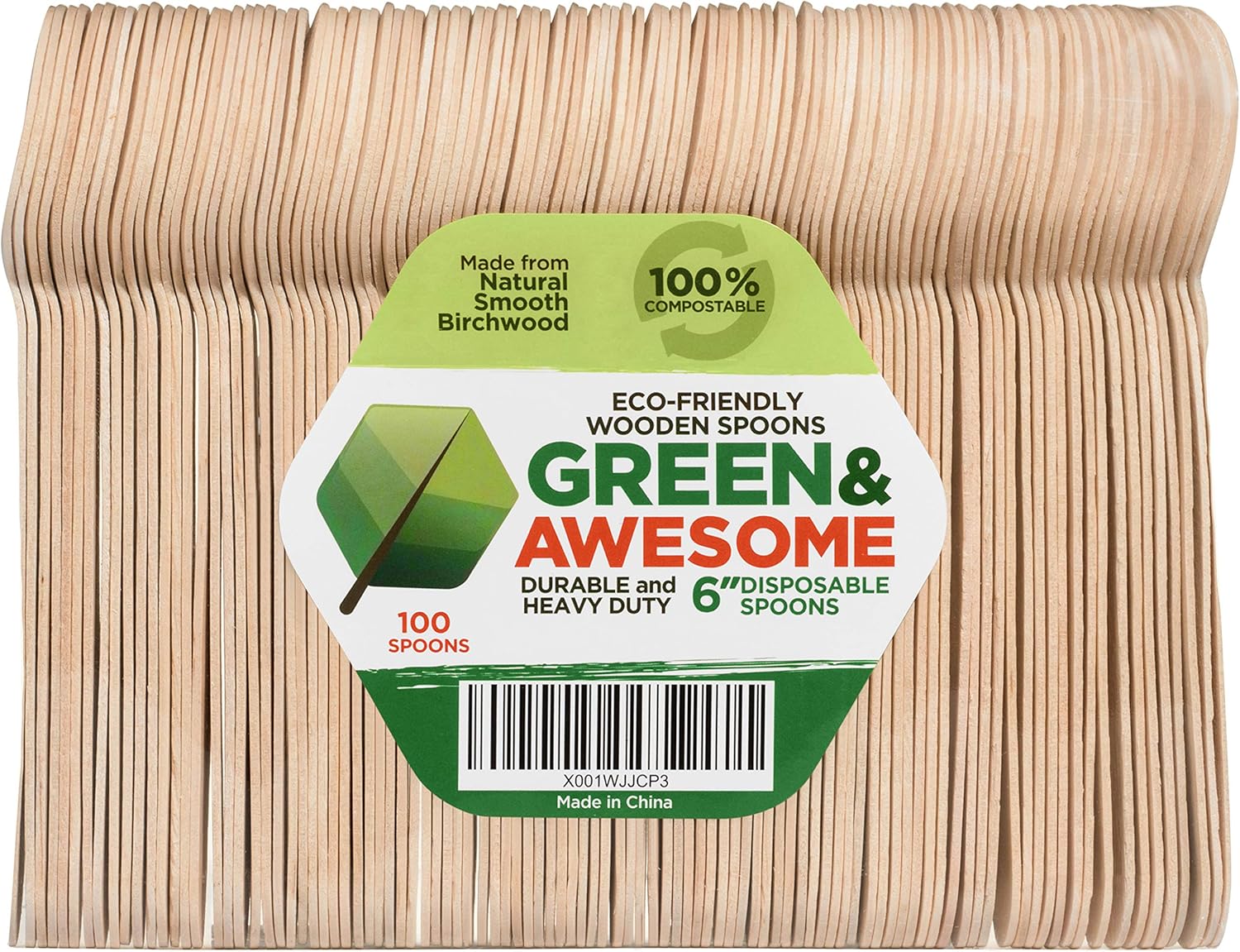 Disposable Wooden Spoons - Pack of 100, 6" Length Eco-Friendly 100% Compostable Biodegradable, Natural Wooden Utensils, Party Use, Camping by GREEN & AWESOME: Kitchen & Dining