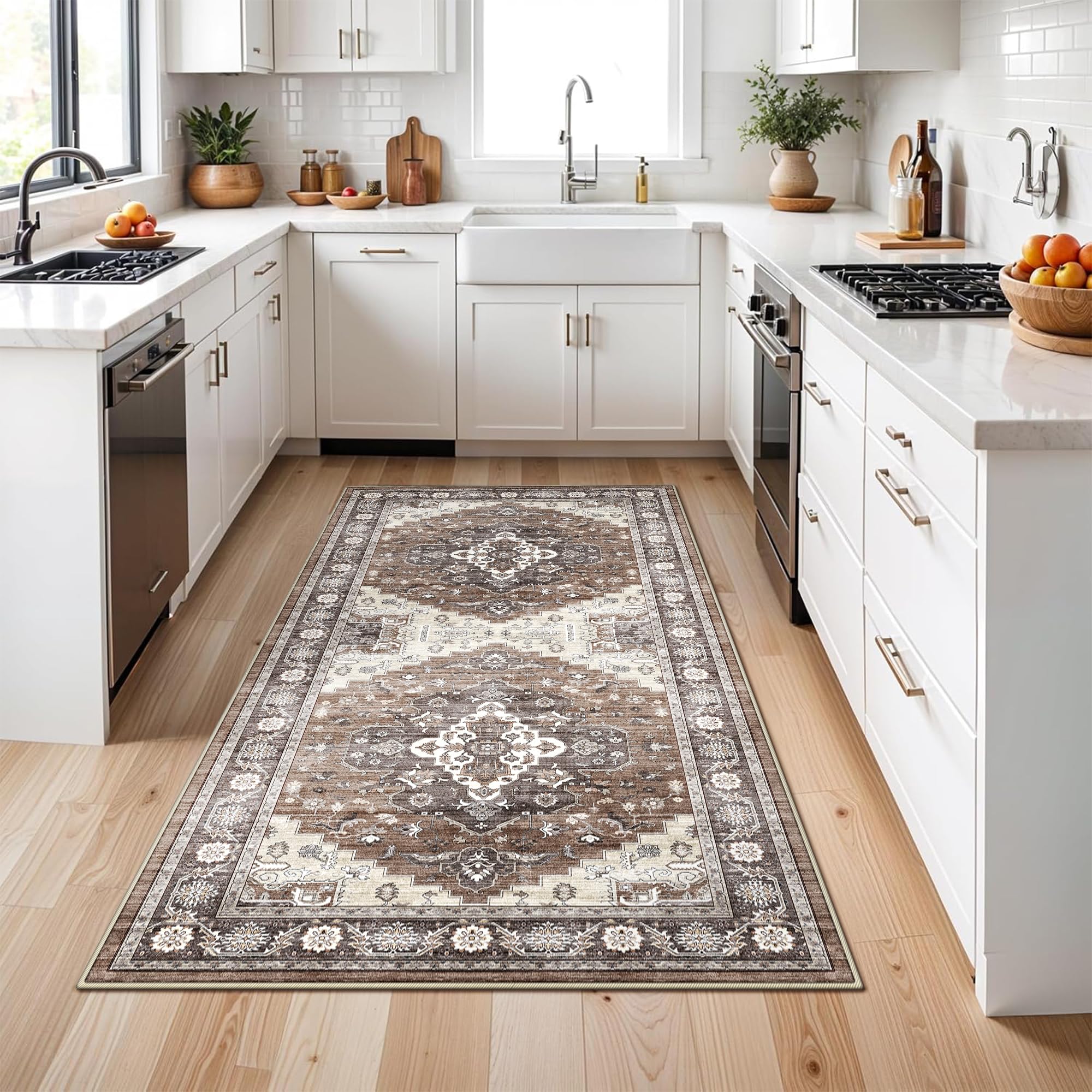 Photo 1 of 4x8 Washable Hallway Area Rug: Vintage 8ft Soft Runner Rug for Living Room Entryway Non Slip Water Resistant Wide Soft Carpet for Kitchen Bedroom Thin Floor Mat for Bathroom Dining Room(Brown,4x8)