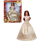 Barbie Signature 2025 Holiday Fashion Doll with Dark Brown Hair Wearing Silver &amp; Gold Gown, Seasonal Collectible Includes Displayable Packaging &amp; Doll Stand