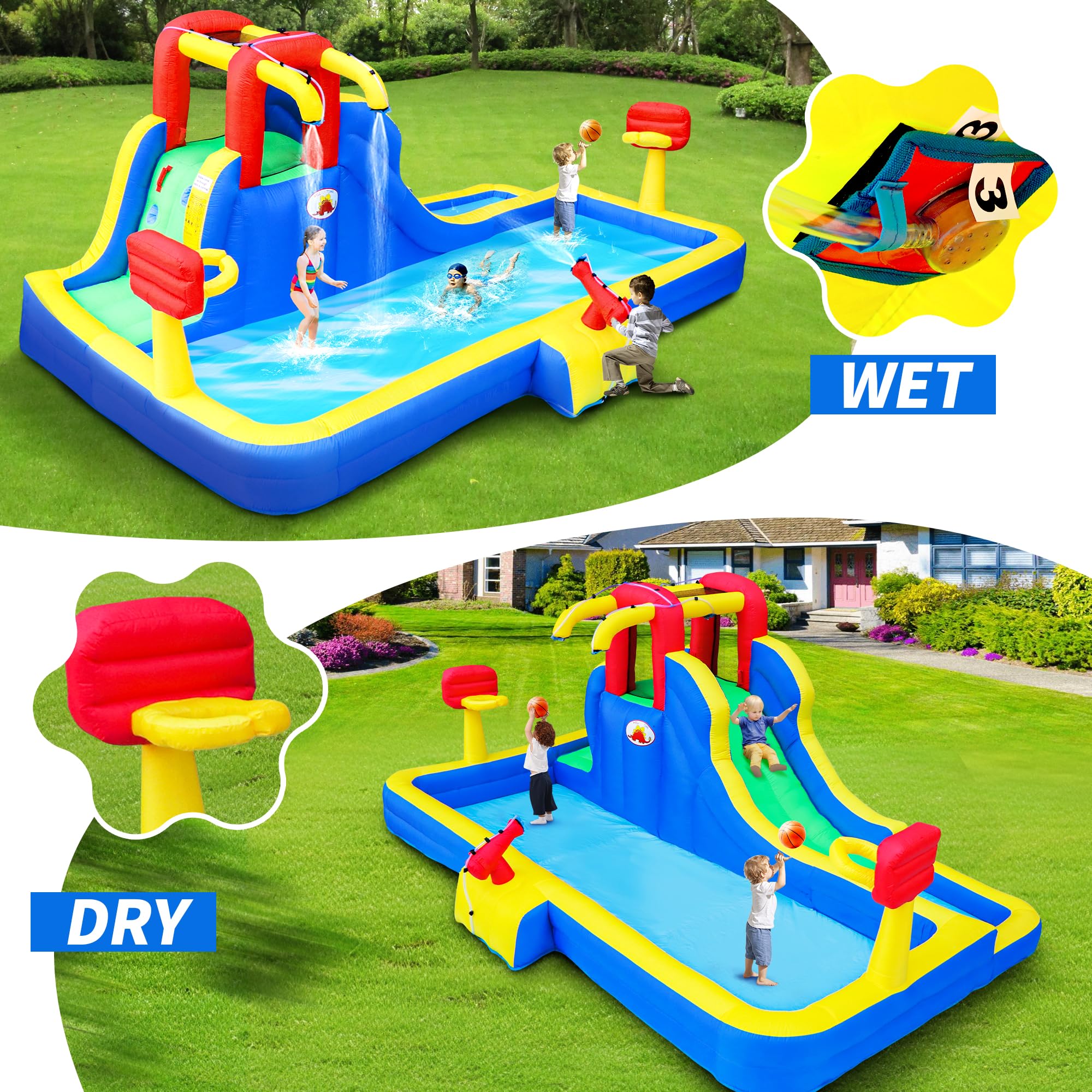 WELLFUNTIME Inflatable Water Park with Blower, Bouncy Castle with Water Cannon and Double Basketball Rings