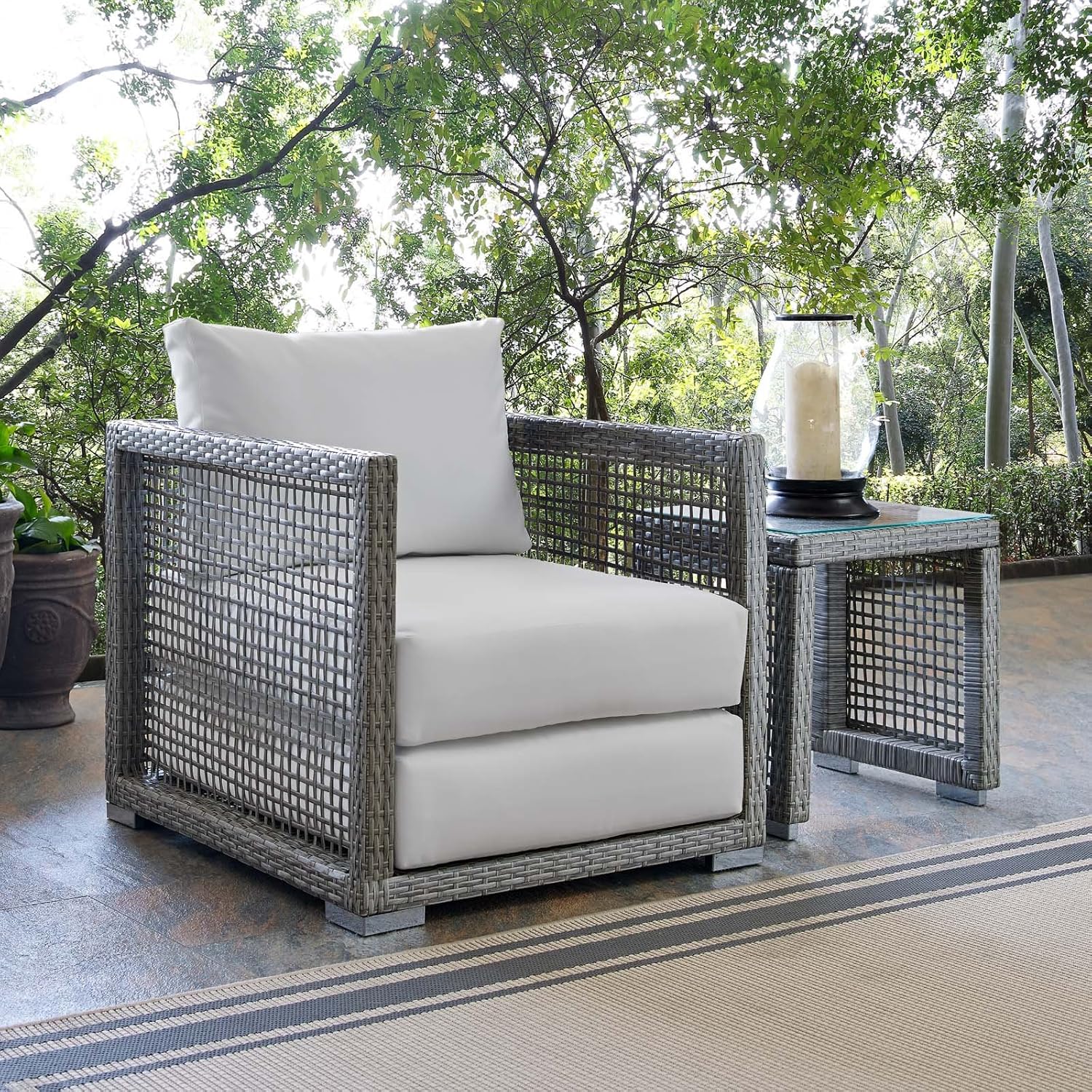 Modway Aura Wicker Rattan Outdoor Patio Dining Arm Chair with Cushion in Gray Gray : Garden & Outdoor