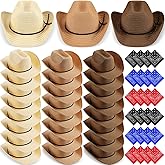 Coume 24 Sets Straw Cowboy Hats and Bandanas in Bulk Cowboy Cap Head Bandana Costume for Adult Summer Halloween Party