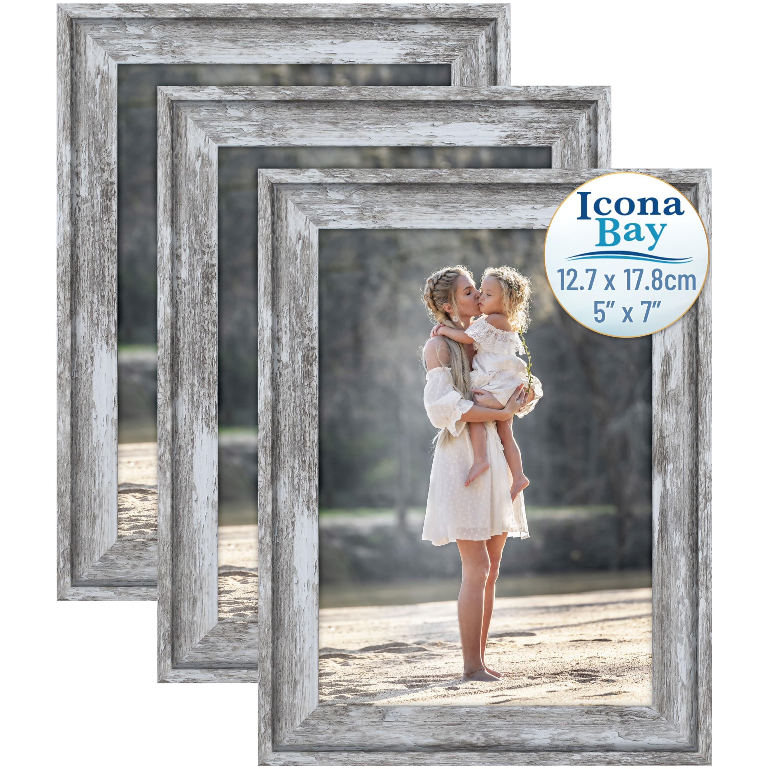 Icona Bay - 7x5 Picture Frames - Azure Grey, 3 Pack - Cape Cod Style 7 x 5 Photo Frames - Table Top or Wall Mount - Bayou Collection