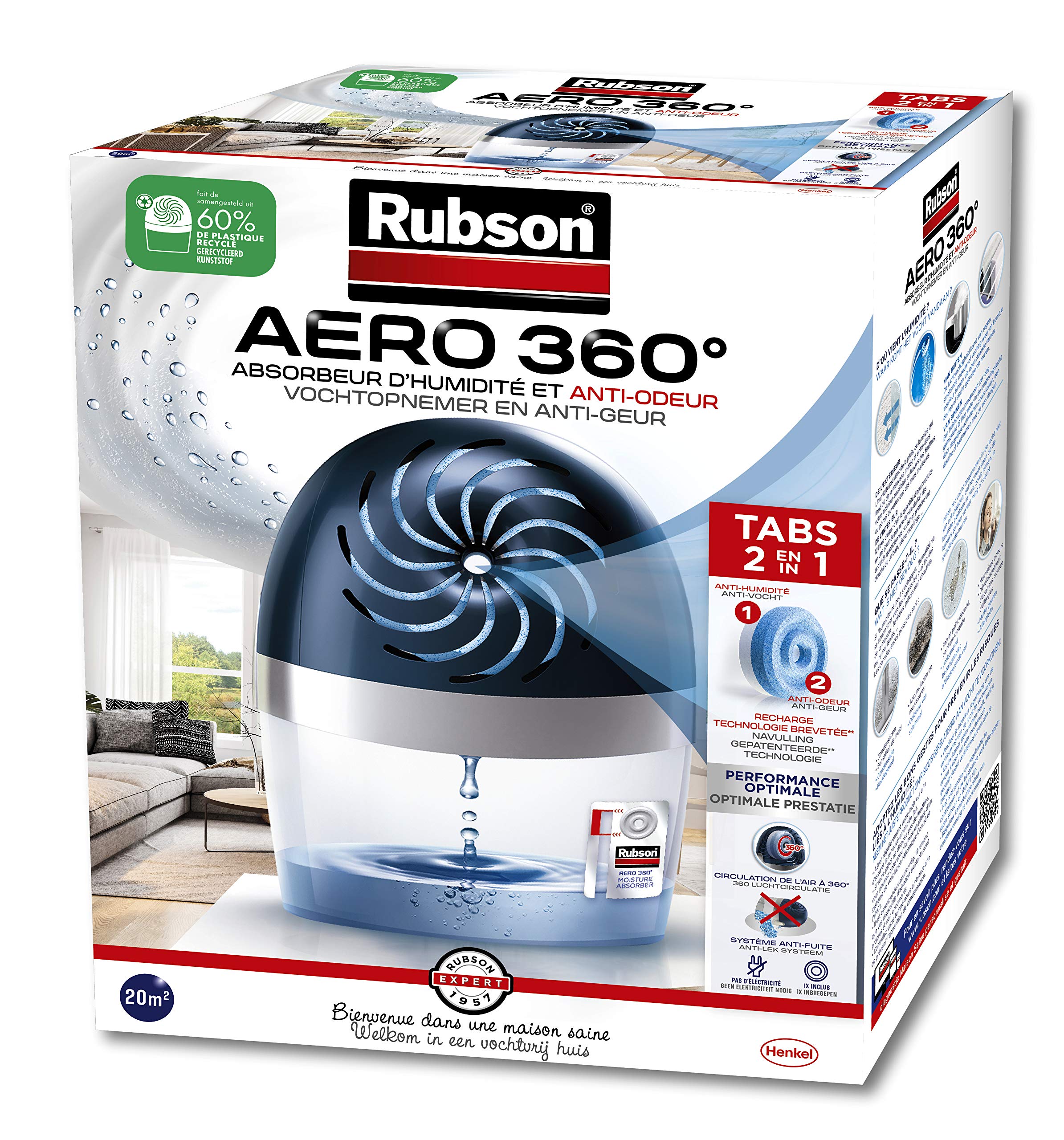 Rubson Aero 360 Luftentfeuchter, 20 m², Dark Blue, White, Comfort Mode, 4.5L Capacity, Portable, Automatic Moisture Removal