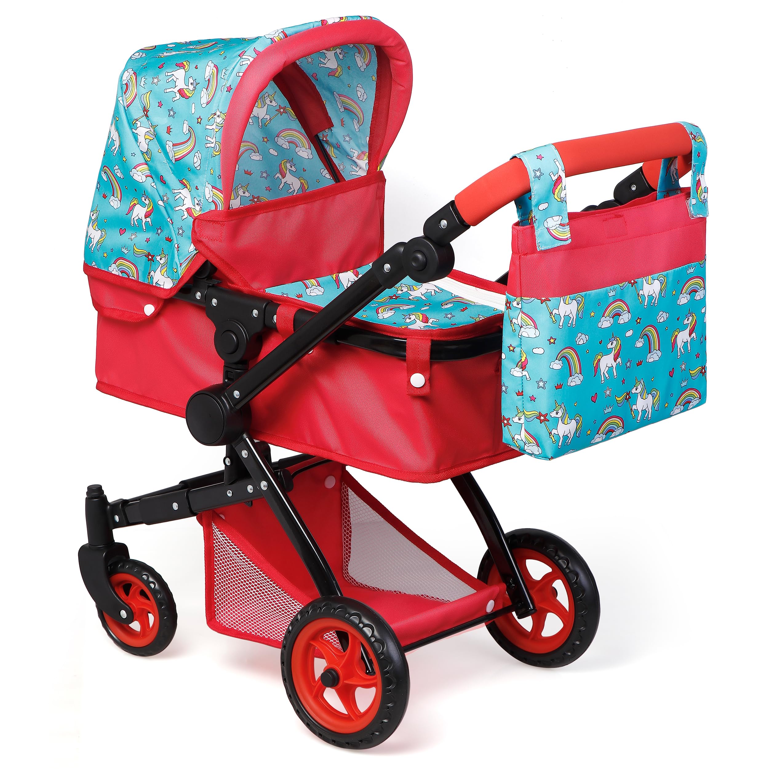 New - Fash n kolor® Baby Doll Stroller, Foldable Pram for Baby Doll - Cute Unicorn Design Doll Toy Stroller with Swiveling Wheel, Adjustable Handle, Gift for Kids - 2023 Limited Edition