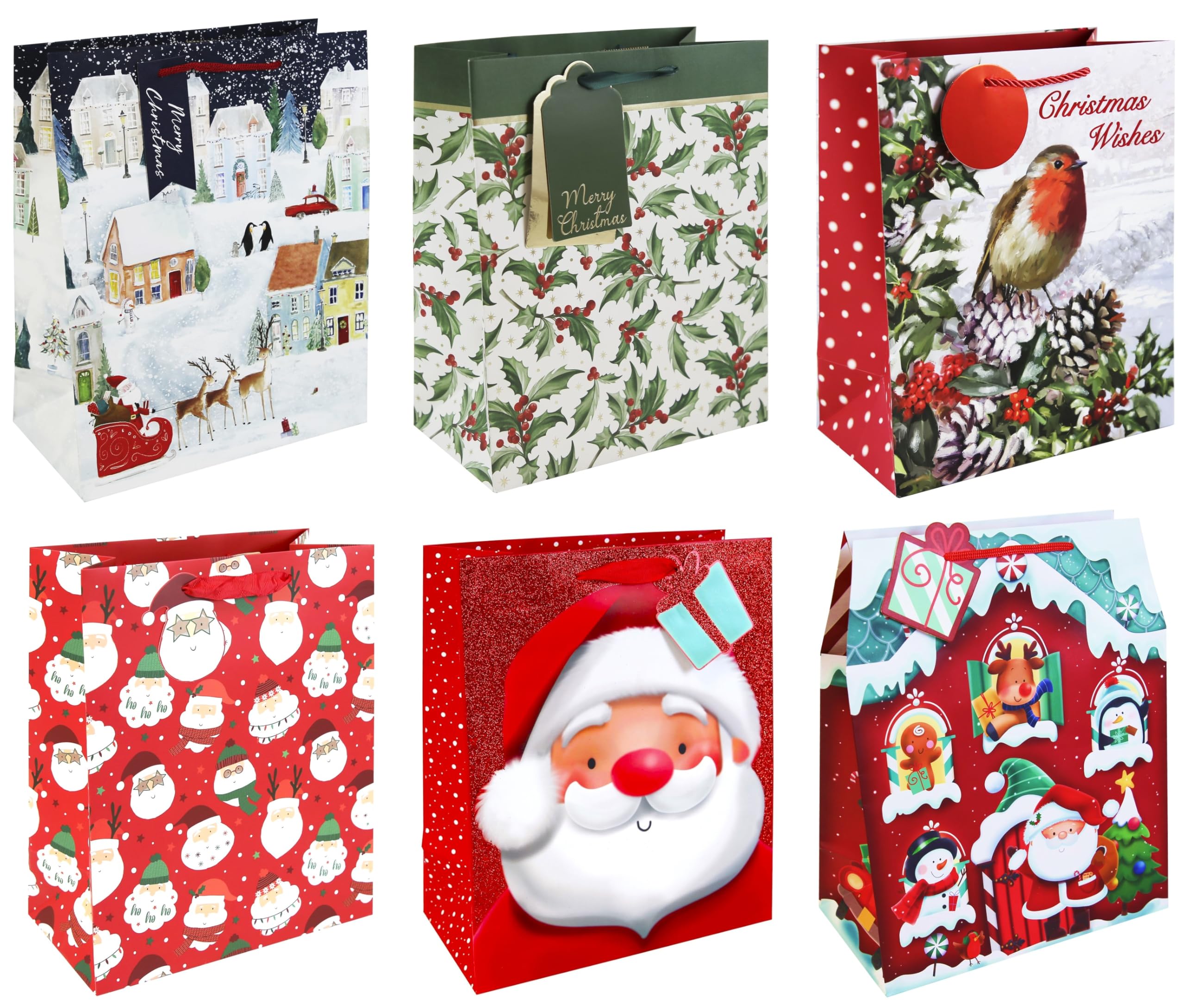 Set of 6 Large Gift Bags with Handle & Tag - Mixed Cute and Traditional Christmas Designs