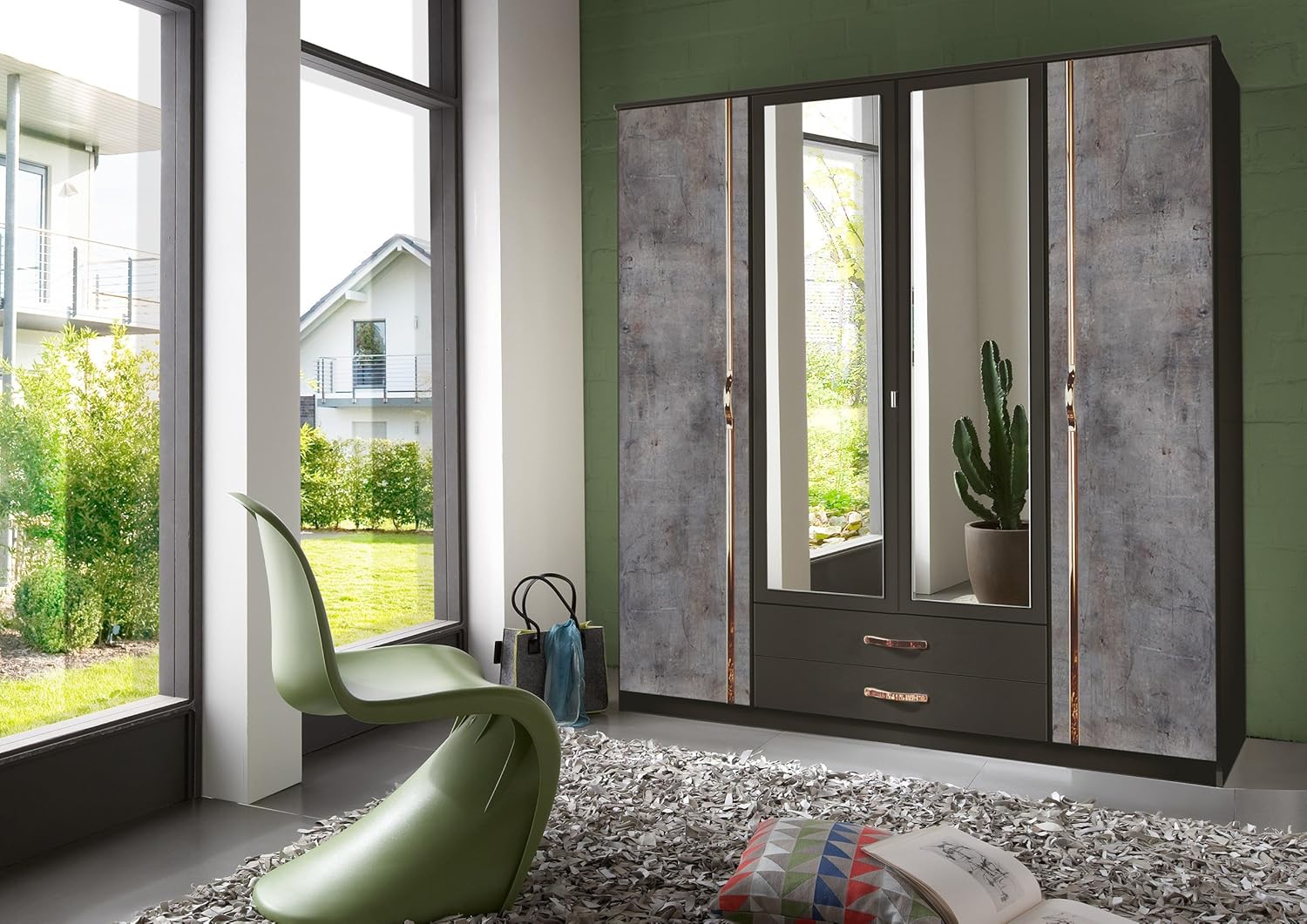 Modern German Duo Concrete Grey Lava 4 Door Wardrobe With Mirror