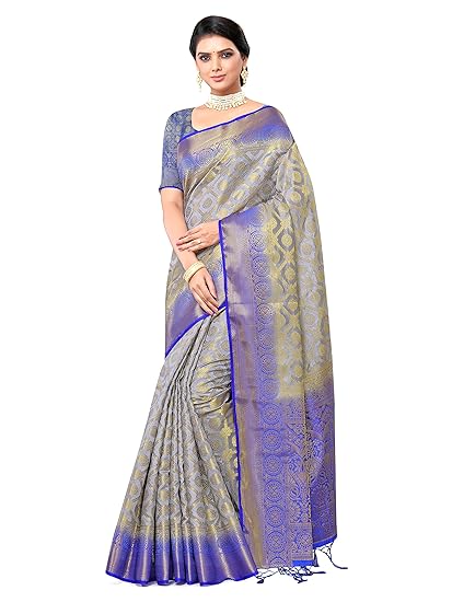 Women's Banarasi Silk Grey Saree Latest Collection With Unstitched Blouse.