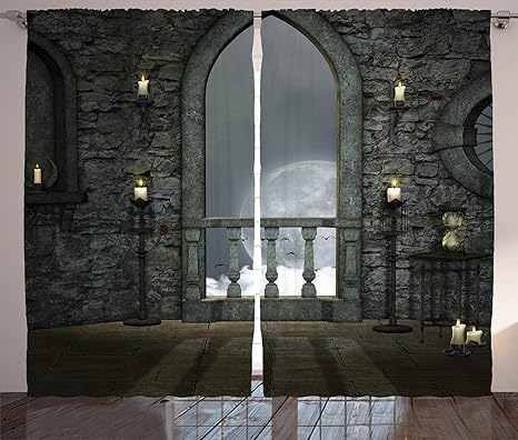 Amazon Com Lunarable Gothic Curtains Full Moon Birds Fairytale Fantasy Old Castle Balcony Burning Candle Night View Art Living Room Bedroom Window Drapes 2 Panel Set 108 X 90 Reseda Green Home