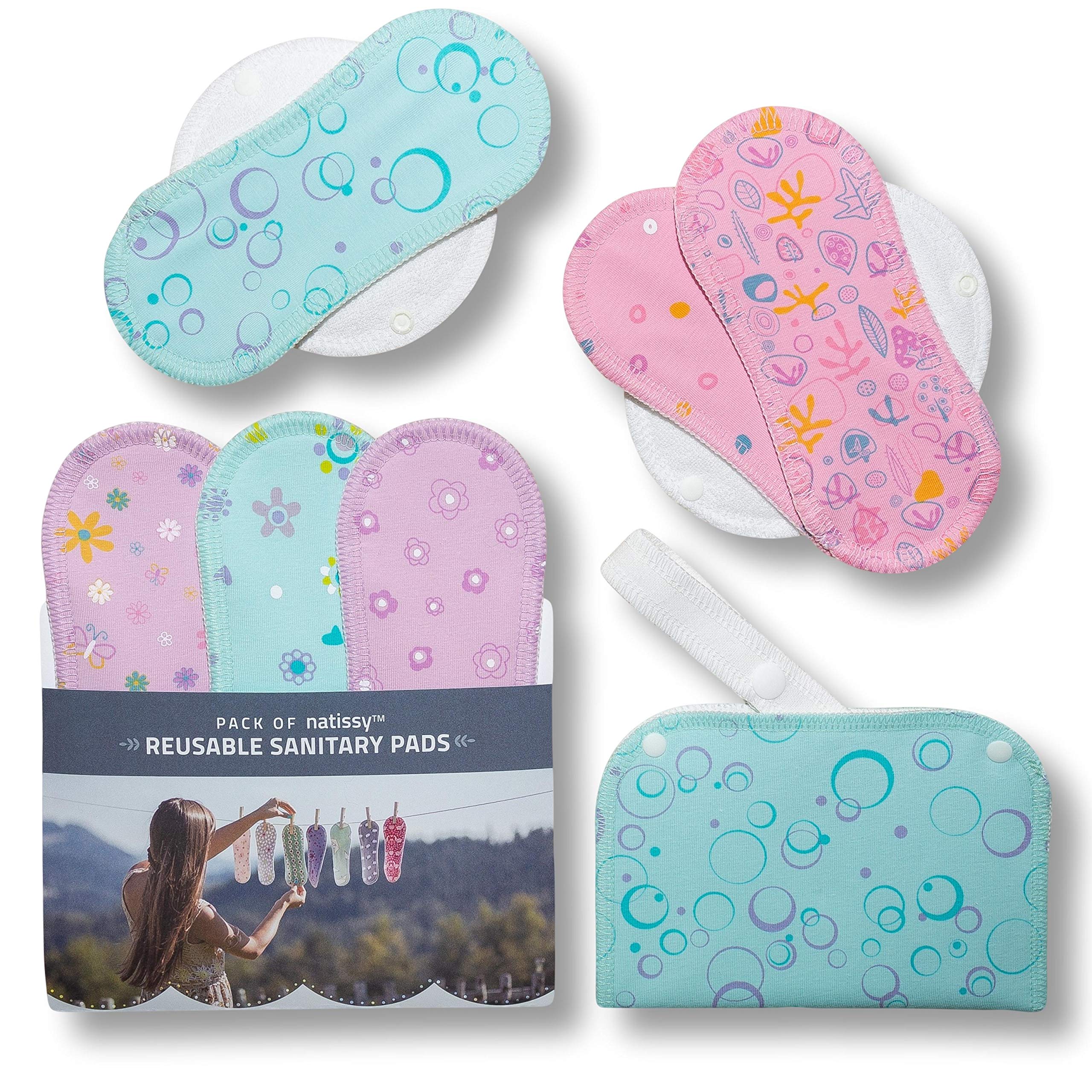 Reusable Sanitary Pads, 6Pack (S&M) Cotton Washable Menstrual Pads for