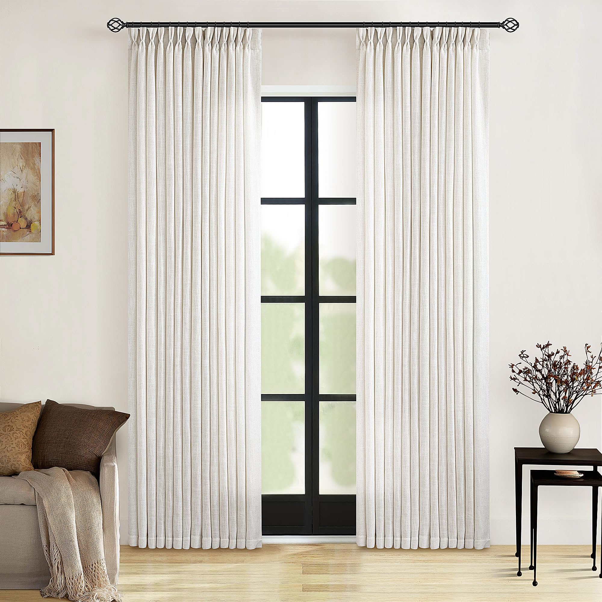 Photo 1 of Neutral Pinch Pleated 86 Inch Curtains Semi Sheer Linen Blended Light Filtering Window Curtains 86 Inches Long for Living Room Bedroom Boho Cream Birch Pinch Pleat Drapes Rings Hooks 2 Panels Set