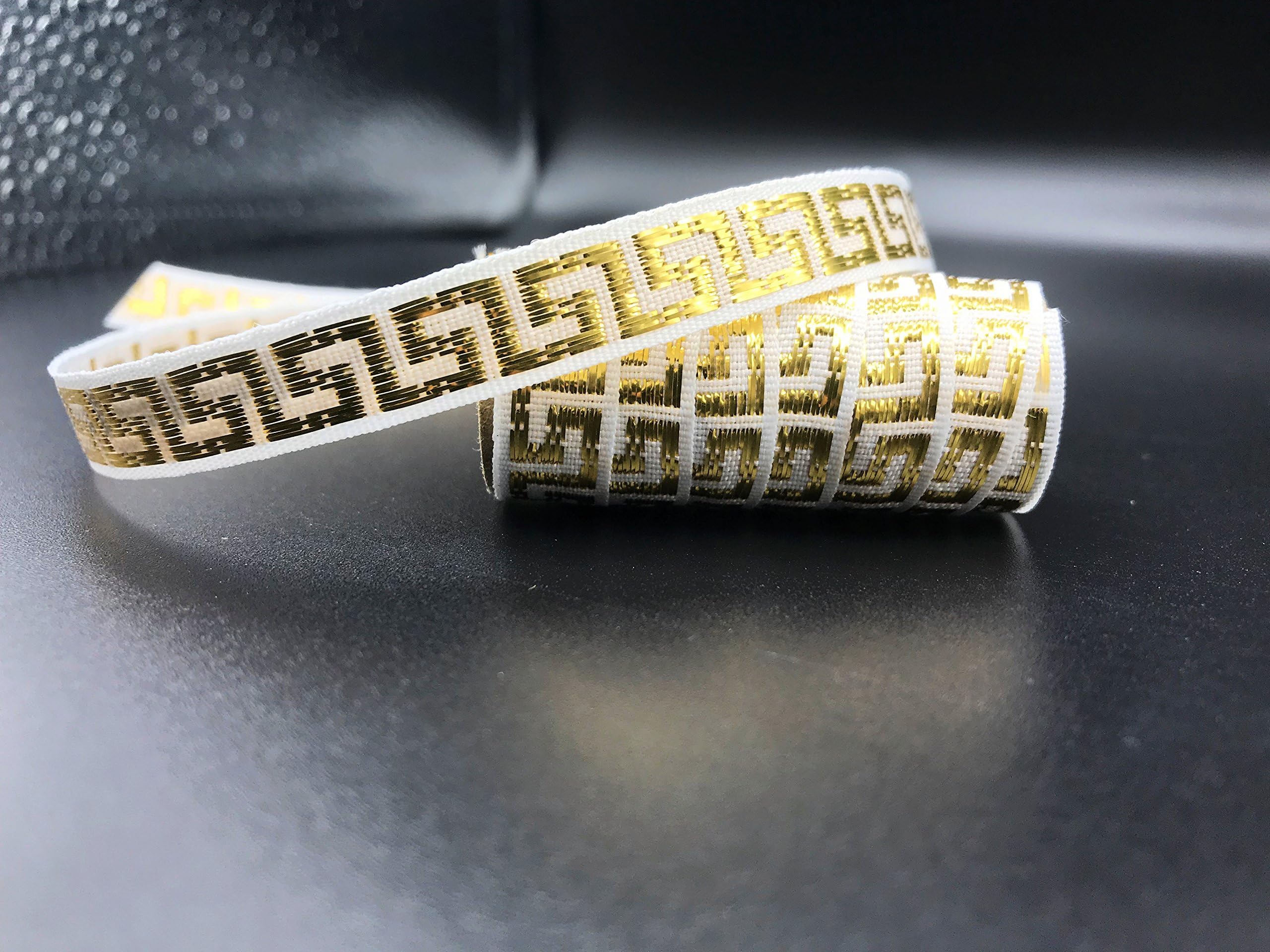 Trimplace Woven Greek Key 7/16 Inch Dobby White/Gold Ribbon-15 Yards