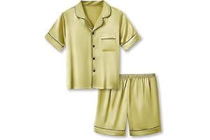 Beezizac Little & Big Girls Pajama Set Size 6-16 -Pink/Blue/Turquoise/Peach Satin Silky Cute Summer Shorts Outfit