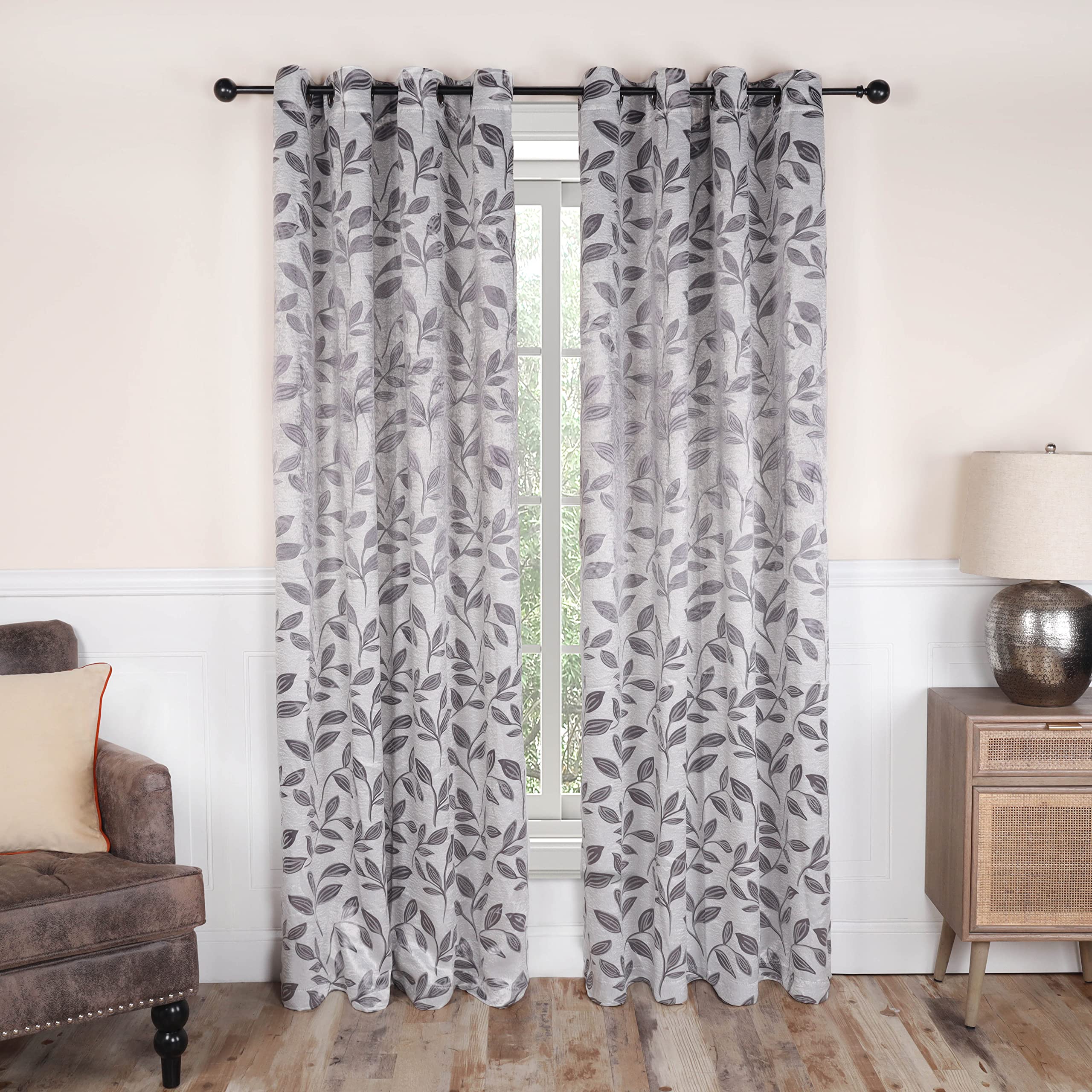 Superior Blackout Curtains, Room Darkening Window Accent for Bedroom, Sun Blocking, Thermal, Modern Bohemian Curtains, Leaves Collection, Set of 2 Panels, Rod Pocket - 52 in x 120 in, Grey