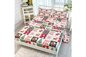 BailiPromise Christmas Sheets Santa Claus Sheet Set for Kids, Deer Snowflake Tree Patchwork Bedding Set, Red Green Fitted Sheet Flat Sheet Pillowcase 4 Pieces, Bedroom Collection Great Gift Queen Size