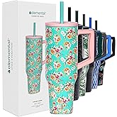 Elemental 40 oz Tumbler with Handle and Straw - Spill Proof Insulated Stainless Steel Commuter for Hot and Cold Beverages - Travel Coffee Mug with 2 Straws & Spill Proof Lid - 40oz - Vintage Flower