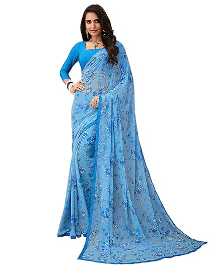 Women's Georgette Saree With Blouse Piece (RKRU2803B_Blue)