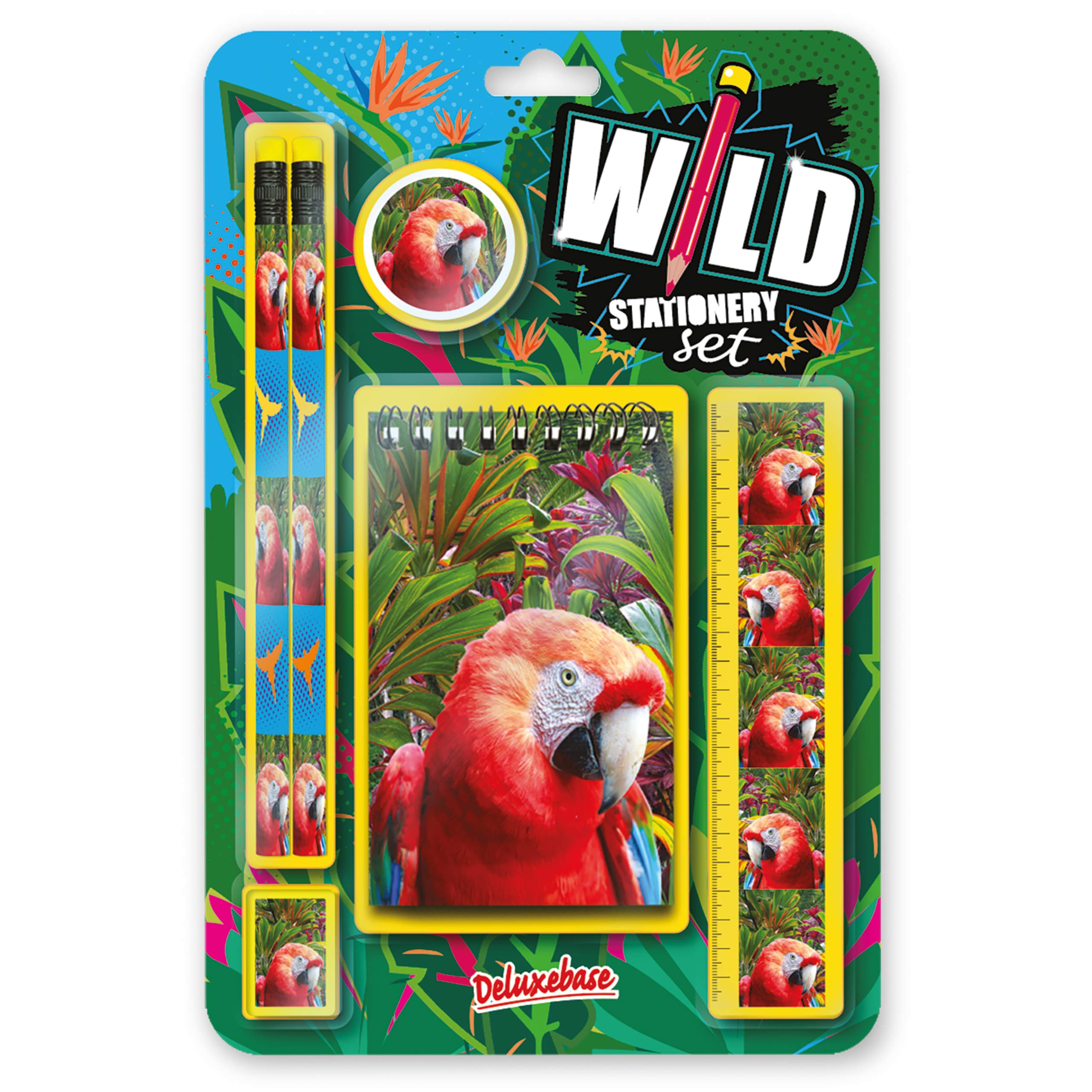 Deluxebase Wild Stationery Set – Parrot, 6 Piece School Supplies Set including Notebook, 2 Pencils, Ruler, Pencil Eraser and Sharpener, Fun Animal Stationery Gifts for Kids and Students.