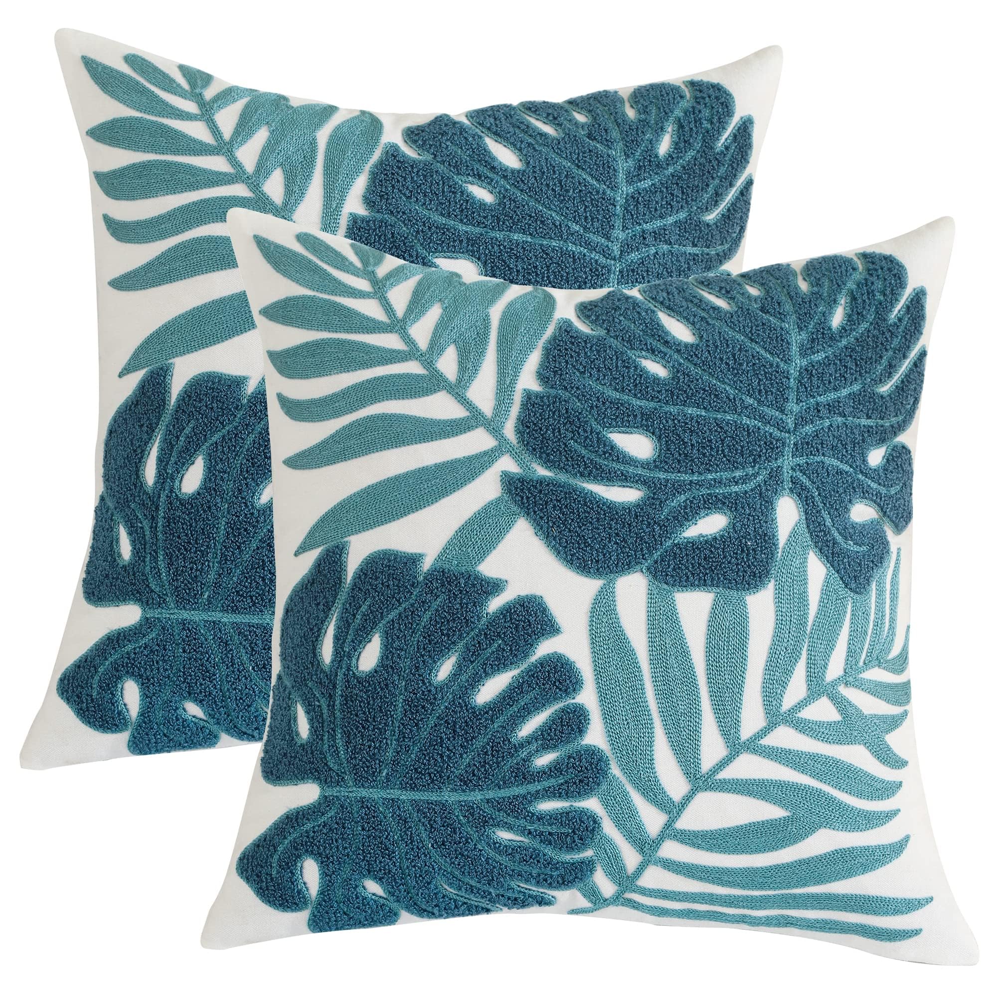 Photo 1 of Tosleo Blue Tropical Leaf Embroidered Throw Pillow Covers 18x18 Inch Set of 2 Monstera Palm Leaves Couch Pillowcases Botanical Plant Cushion Case Spring Summer Home Decor for Living Room Bedroom Bed