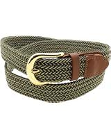 Men's Elastic Woven Stretch Belt With Leather Inlay - Beige, Small, Adjustable & Breathable