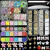 3D Nail Charms for Nail Art Kit, Mix Nail Flowers Bow Gold Nail Charms and Gems, Flatback Pearls Charms Gems AB Rhinestones for Nails Art Tools, Silver Butterfly Charms Nail Decor DIY Accessories