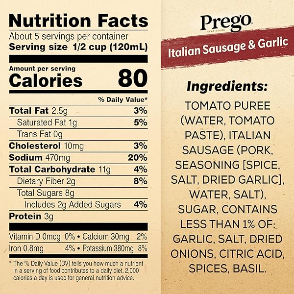PREGO ITALIAN SAUSAGE AND GARLIC MEAT SAUCE, 23.5 OZ JAR