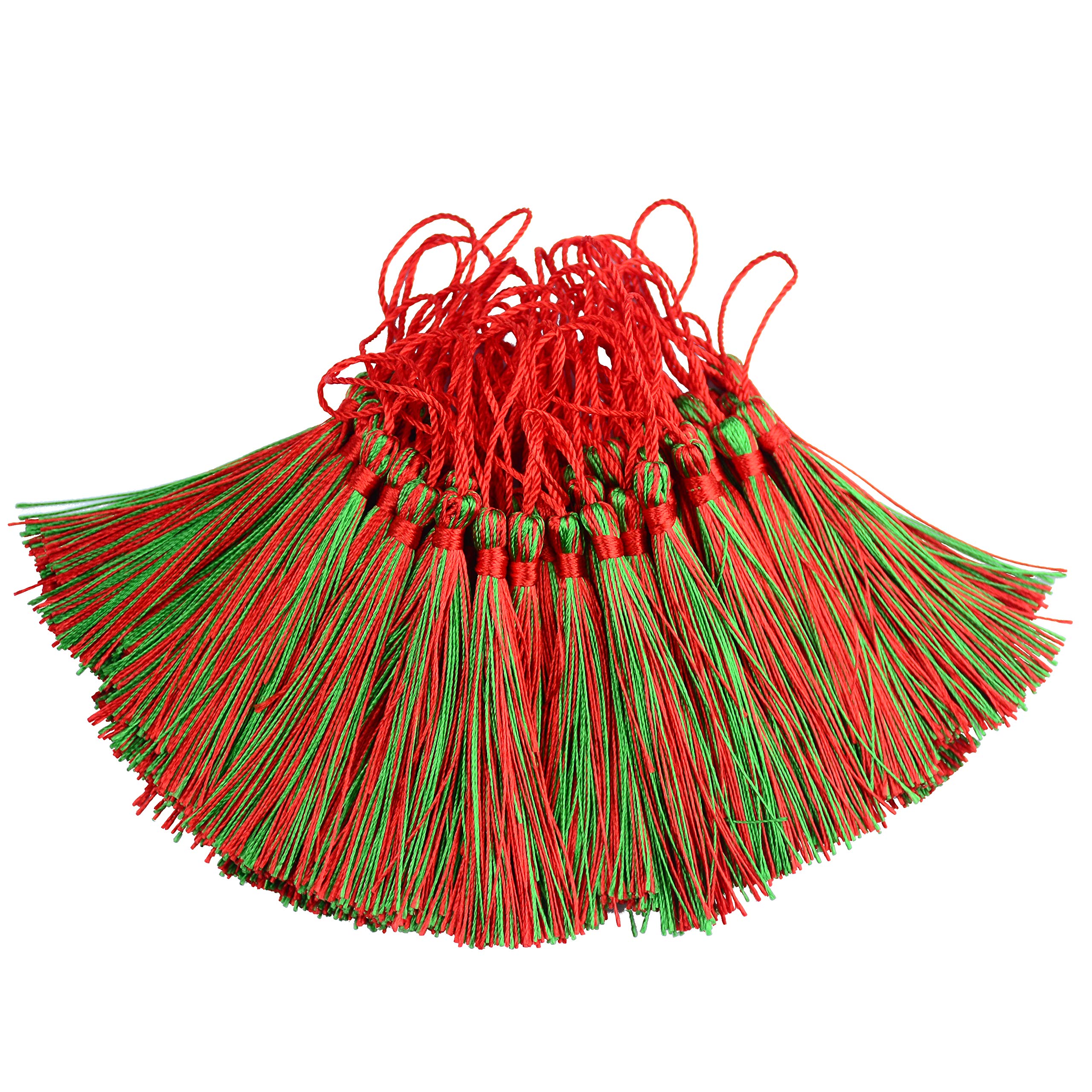 Makhry 100pcs 13cm/5 Inch Silky Floss Bookmark Tassels with 2-Inch Cord Loop and Small Chinese Knot for Jewelry Making, Souvenir, Bookmarks, DIY Craft Accessory (Red&Green) — image 1