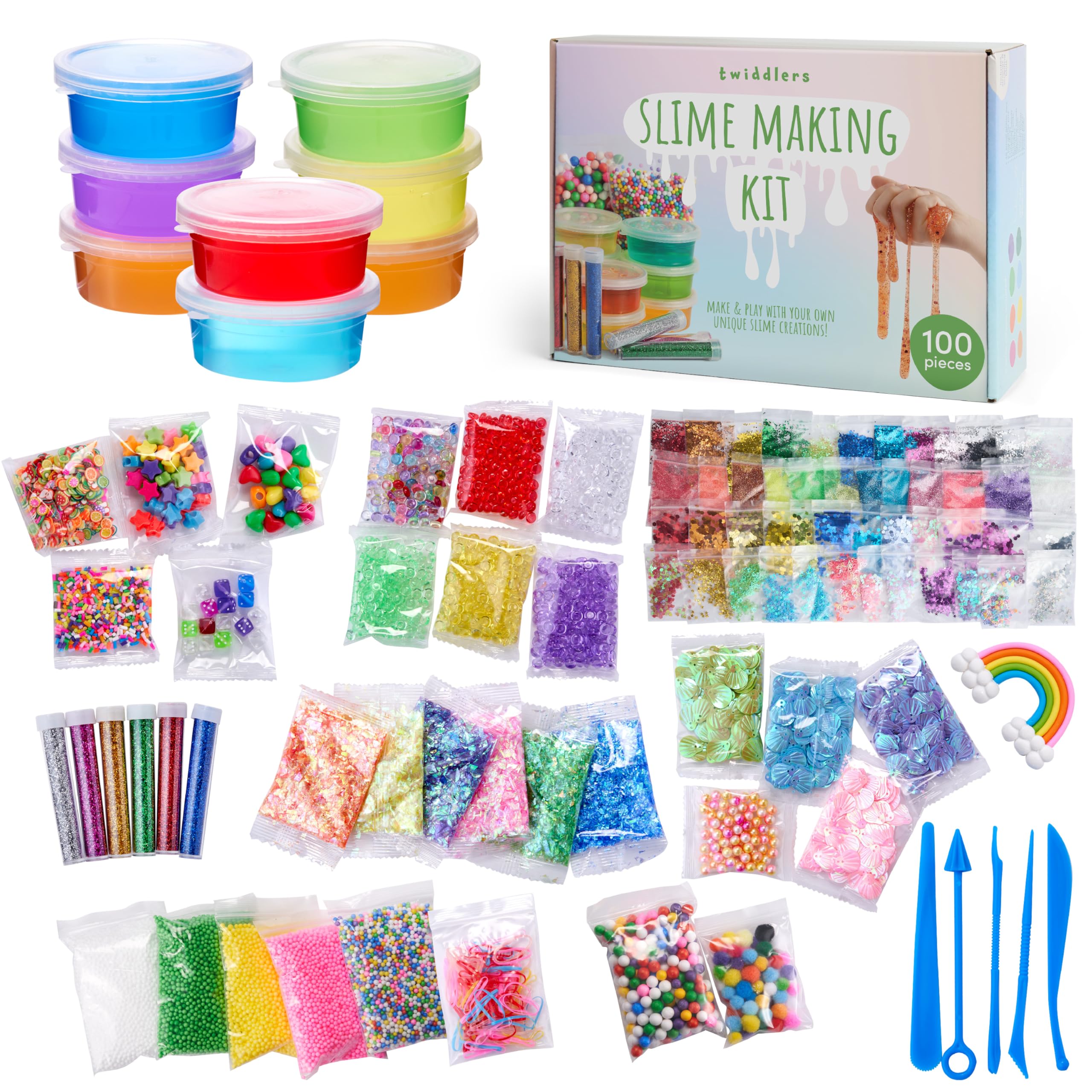 THE TWIDDLERS 100-Piece DIY Slime Making Kit for Kids - Complete Arts and Crafts Set with Glitter, Beads and Tools for Sensory Play and Birthday Parties