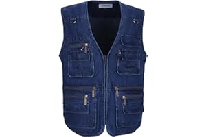 LUSI MADAM Men's Denim Fishing Cargo Outdoor Vest with Pockets