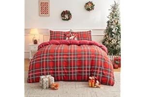 Gogreen Queen Christmas Duvet Cover Floral, Soft & Breathable Microfiber 3 Pieces Queen Bedding Sets, Pattern Queen Comfy Duvet Cover, with Zipper Closure (Red Plaid)