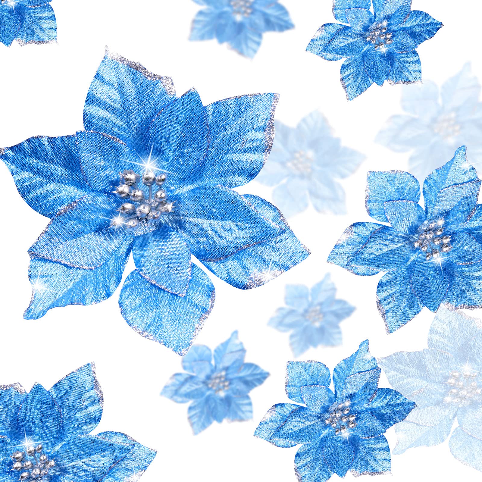 WILLBOND 24 Pieces 3 Size Christmas Glitter Poinsettia Flowers Wedding Faux Flowers Christmas Decoration Ornaments For Christmas tree New Year Home Outdoor Decoration (Blue,3.2/4/6 Inches)