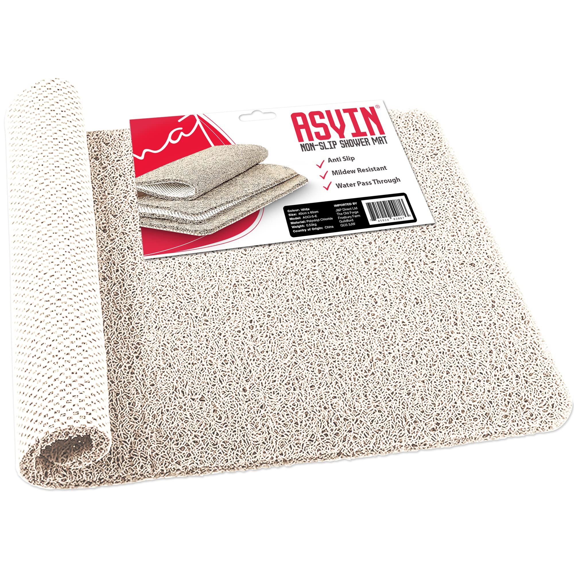 Asvin white Textured Bath, Shower, Tub Mat, 24x16 Inch, Phthalate Free, Non Slip Comfort Bathtub Mats with Drain, PVC Loofah Bathroom Mats for Wet Areas, Quick Drying