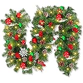 Ceenna 6 ft LED Christmas Garland with Lights, Xmas Garland with Pinecones Berries Red Green Balls, Christmas Decorations for Stairs Mantle Fireplace Front Door, 2 Meters 20 Warm White LED Lights