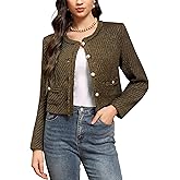 M.Infisavo Tweed Blazer Jackets for Womens with Pockets, Cropped Long Sleeve Open Front Collarless Elegant Casual Cardigan